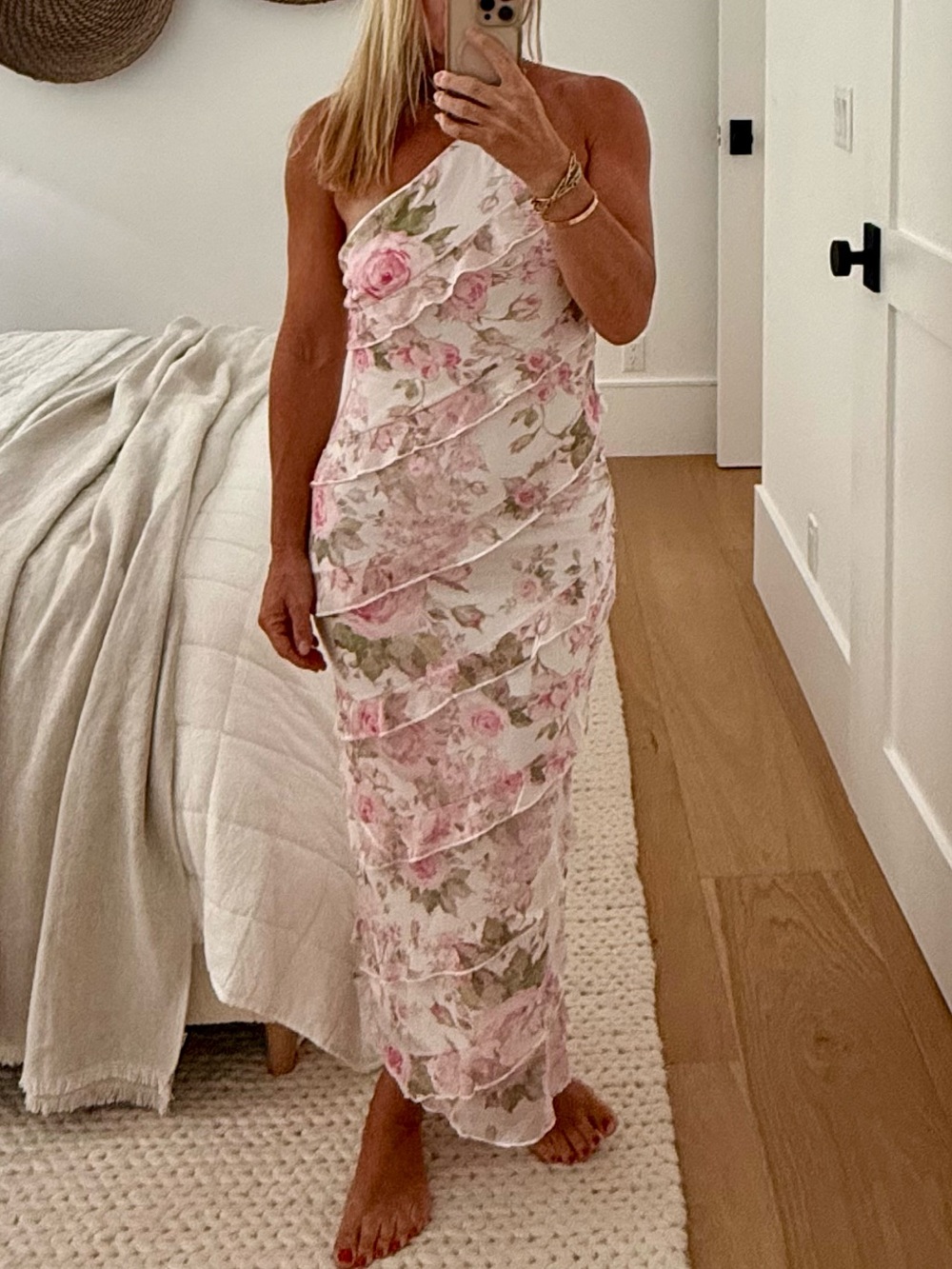 Hello Molly Cream Midi Dress with Pink & Green Floral Print